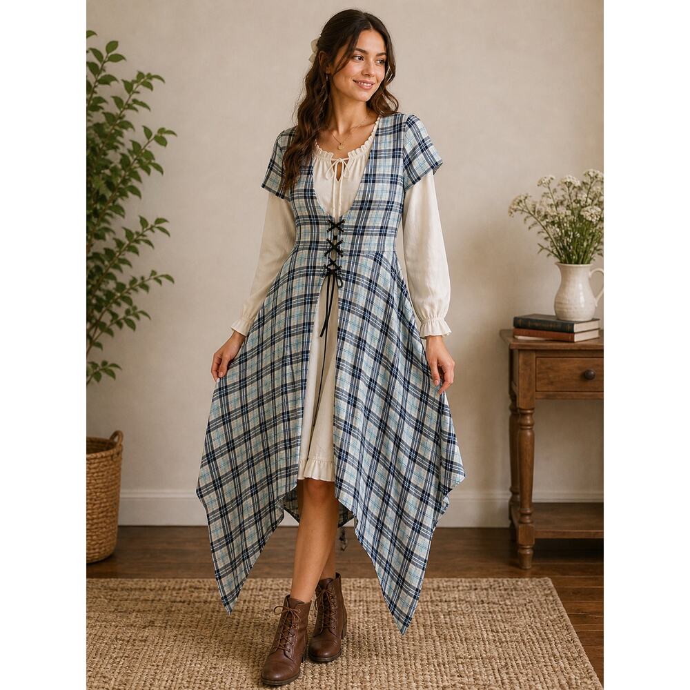 Womens Plaid Dress XL Blue Corset Lace Up Handkerchief Hem Cottagecore